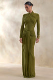 Linessa Olive High Neck Maxi Dress With Sash And Gathered Detailing