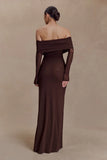 Josie Off Shoulder Mesh Maxi Dress Dark Brown
