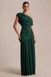 Kady Dark Green Asymmetric Neck Maxi Dress With Ruched Detailing