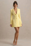 Blossoming Lemon Plunge Neck Tailored Mini Dress With Pleating