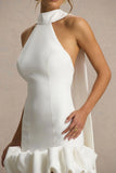 Geneve White Halter Neck Mini Dress With Ruffled Trim