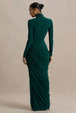 Betsy Bottle Green High Neck Maxi Dress With Front Split And Ruched Detailing