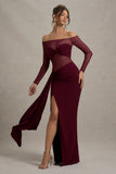 Cover Star Burgundy Mesh Bardot Long Sleeve Draped Maxi Dress