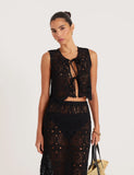 Black Crochet Tie Front Sleeveless Top