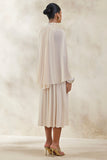 Honora Cream High Neck Midi Dress With Cape Sleeves