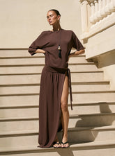 Brown Belt Detail Semi Sheer Thigh Split Maxi Skirt