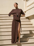 Brown Belt Detail Semi Sheer Thigh Split Maxi Skirt