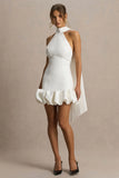 Geneve White Halter Neck Mini Dress With Ruffled Trim