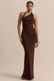 Delisse Brown Asymmetric Neck Maxi Dress