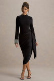 Luanna Black Satin Long Sleeve Midi Dress With Draped Skirt And Embellised Cuffs
