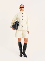 Cream Funnel Neck Cinched Waist Jacket