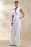 Brillora White Plunge Neck Tailored Jumpsuit