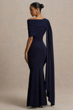 Tiana Navy Asymmetric Neck Maxi Dress With Drape Detail