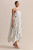 Caluna White And Black Polka Dot Satin Asymmetric Neck Midi Dress With Scarf Detail