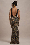Sahara Leopard Print Satin V Neck Maxi Dress With Black Lace Trim
