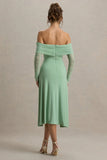 Flatter Me Light Green Bardot Midi Dress With Mesh Sleeves