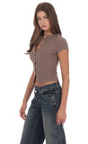 Ribbed Short Sleeve Button Top in Taupe