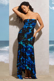 Florianne Navy Floral Print Ruched Bandeau Maxi Dress