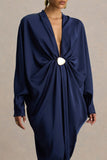 Tina Navy Satin Plunge Neck Embellished Maxi Dress