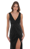 Velvet V Neck Slit Maxi Dress in Black