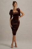 Tarna Brown Velvet Midi Dress With Bow Straps