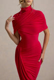 Enchant Red Asymmetric Twisted Cape Midi Dress