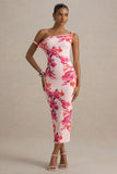 Tatian Pink and Orange Floral Print Twisted Asymmetric Midi Dress