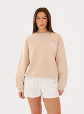 Beige Embroidered Lace Branded Oversized Sweatshirt