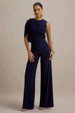 Opulence Navy Jumpsuit With Cape Sleeve and Draped Details