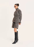 Brown Check Funnel Neck Cinched Waist Jacket