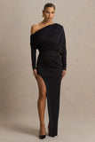 Olivia Black Asymmetric Neck Maxi Dress With Ruched Detailing And Asymmetric Hem