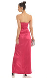Satin Pleated Strapless Maxi Dress in Cherry