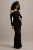 Deanna Black Asymmetric Long Sleeve Ruched Maxi Dress