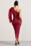 Wild One Burgundy One Shoulder Bodycon Midi Dress With Feather Trimmed Sleeve