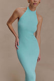 Melodie Halter Knit Maxi Dress Cyan Blue