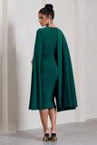 Marysol Bottle Green Asymmetric Cape Midi Dress