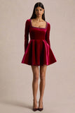 Beloved Red Velvet Hand Embellished Square Neck Mini Dress