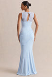 Lyssy Powder Blue High Neck Maxi Dress With Mesh Detail