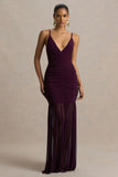 Pasqualina Plum Ruched Plunge Neck Maxi Dress