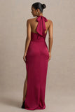 Lynette Burgundy Satin Plunge Neck Maxi Dress With Asymmetric Hem