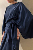 Delphina Navy Satin Maxi Dress With Gathered And Knot Detail