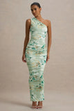 Dalarie Green Floral Print One Shoulder Gathered Maxi Dress