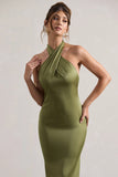 Unbeatable Olive Satin Cross Over Halter Neck Maxi Dress