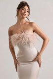Dress For It Champagne Satin Feather Trim Bandeau Maxi Dress