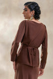 Miravia Brown Satin Wide Neck Long Sleeve Top