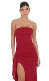 Strapless Ruched Ruffle Maxi Dress in Maroon