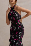 Melodia Black Ditsy Floral Print Satin Halter Neck Ruffled Maxi Dress