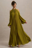 Reyna Olive Pleated Chiffon Cold Shoulder Maxi Dress