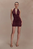 Fleur Ruched Slinky Mini Dress Mahogany