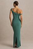 Tulisa Green Asymmetric Neck Maxi Dress With Twist Sleeves And Ruched Detailing